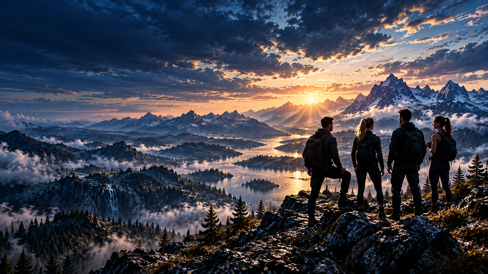 Five people seated together on rocks overlooking a mountain lake at sunset