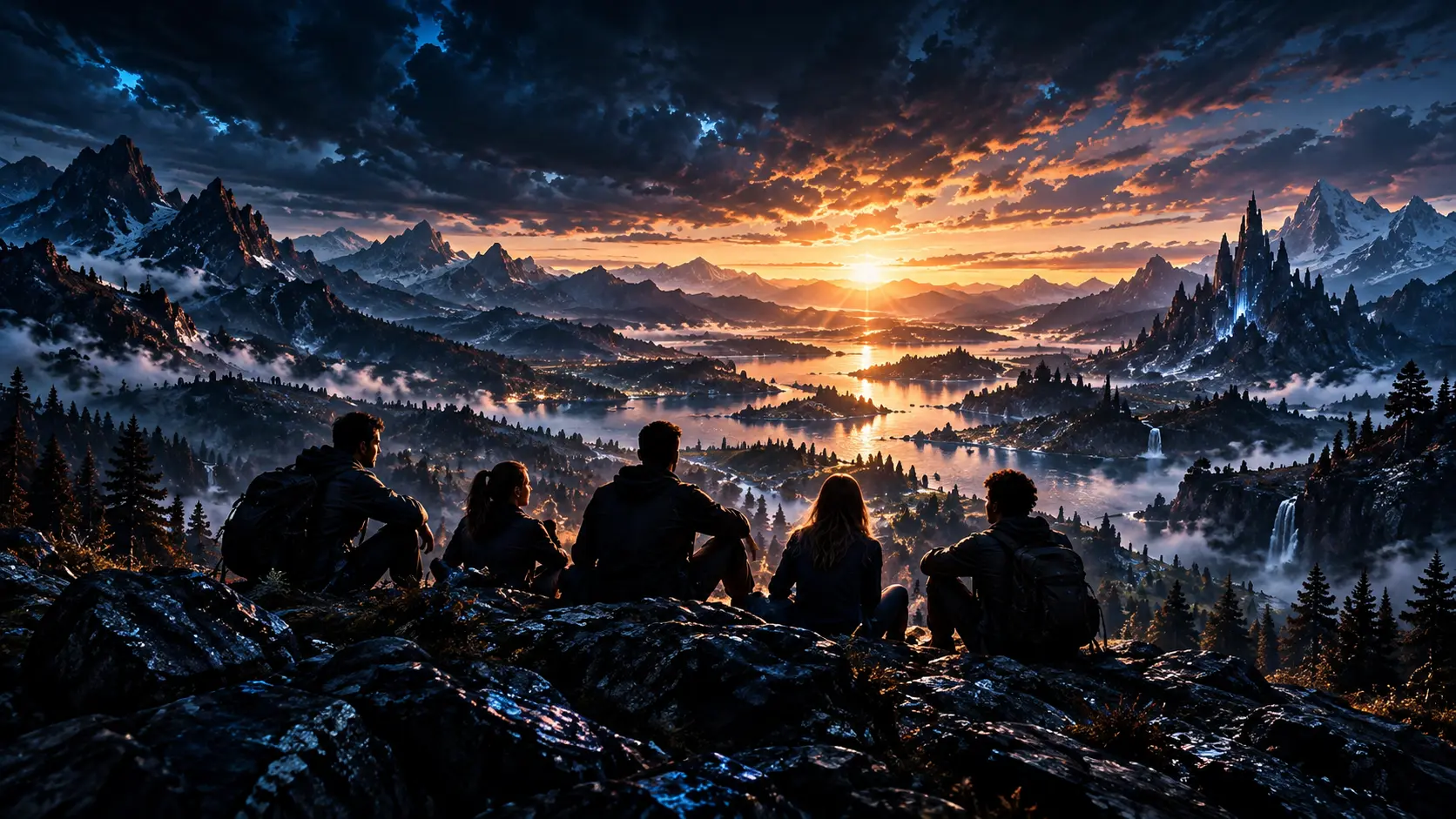 A small group sitting together on dark rocks, looking out over a mountain valley at dusk
