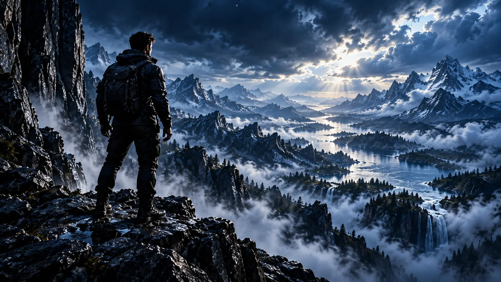 A hiker on a dark cliff edge overlooking misty blue mountains and a winding lake