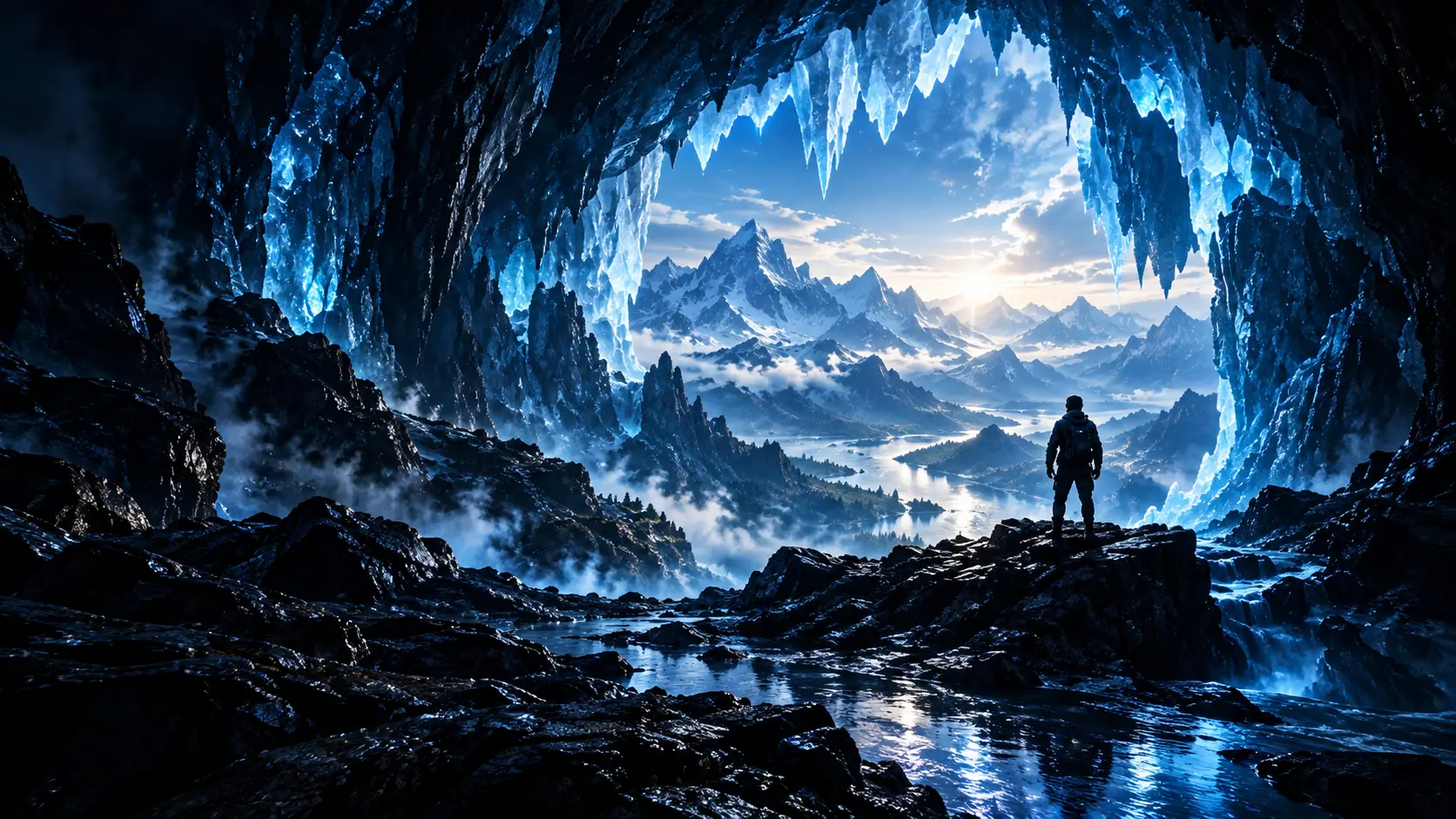 An explorer standing at the mouth of a glowing blue ice cave facing distant mountains