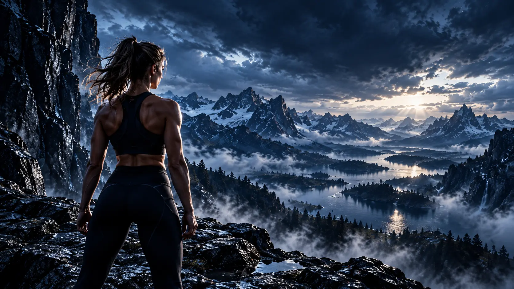 An athletic woman seen from behind, looking out over cold blue mountains